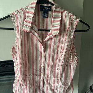 White and Pink Fitted Button Down Shirt with Notched Collar